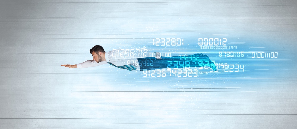 Businessman flying super fast with data numbers left behind concept